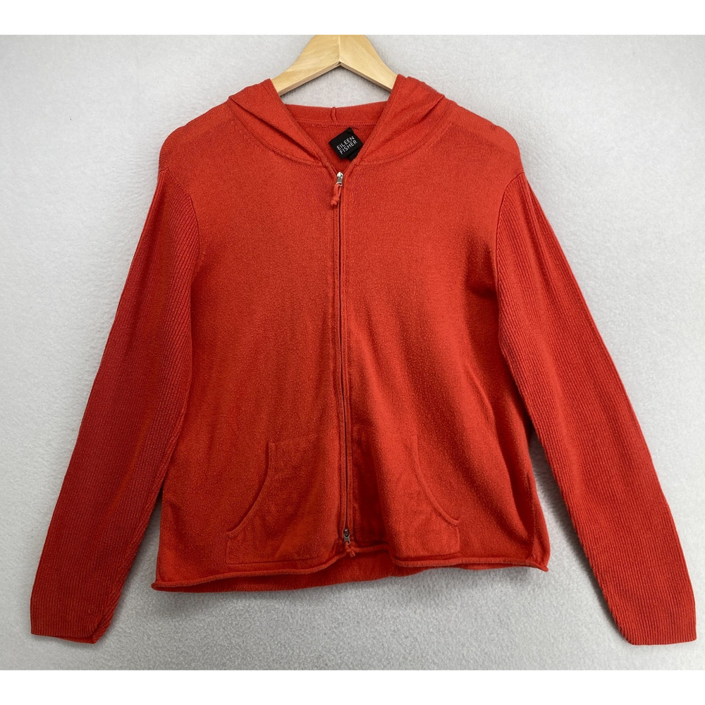 EILEEN FISHER Sweater M Organic Cotton Cardigan 2 Way Zip Hoodie Orange